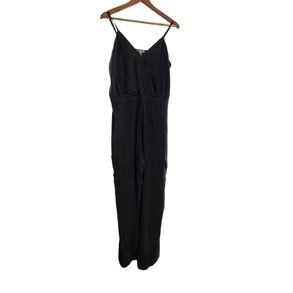 Sadie & Sage Satin Like‎  Sleeveless Cargo Jumpsuit Gun metal V-neck Sz Large